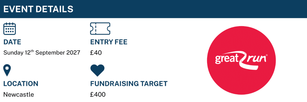 Event Details. Date: Sunday 12th September 2027. Entry Fee: £40. Location: Newcastle. Fundraising Target: £400