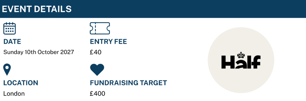Event Details: Date - Sunday 10th October 2027. Entry fee - £40. Location - London. fundraising Target - £400.